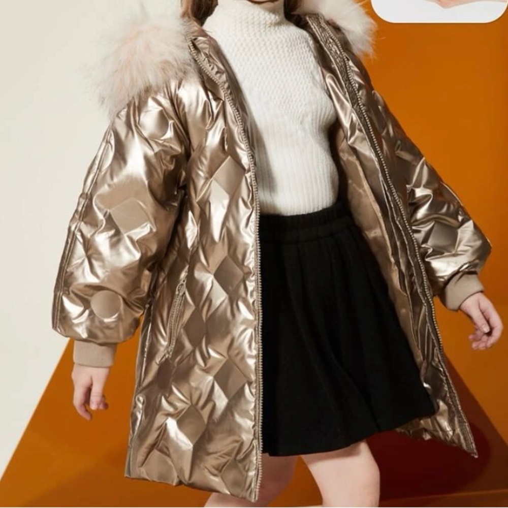 Girls puffer. Quilted metallic champagne. Sz 8. Currently on SHEIN site at $75.
